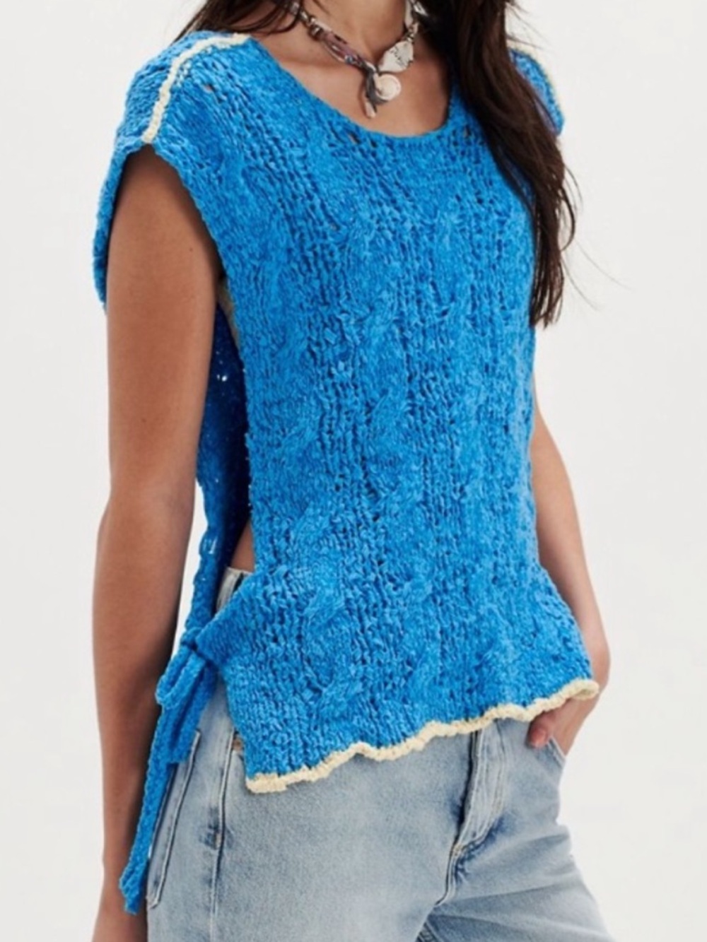 FREE PEOPLE ARLO SHORT SLEEVE OPEN KNIT TOP MEDIUM TURQUOISE